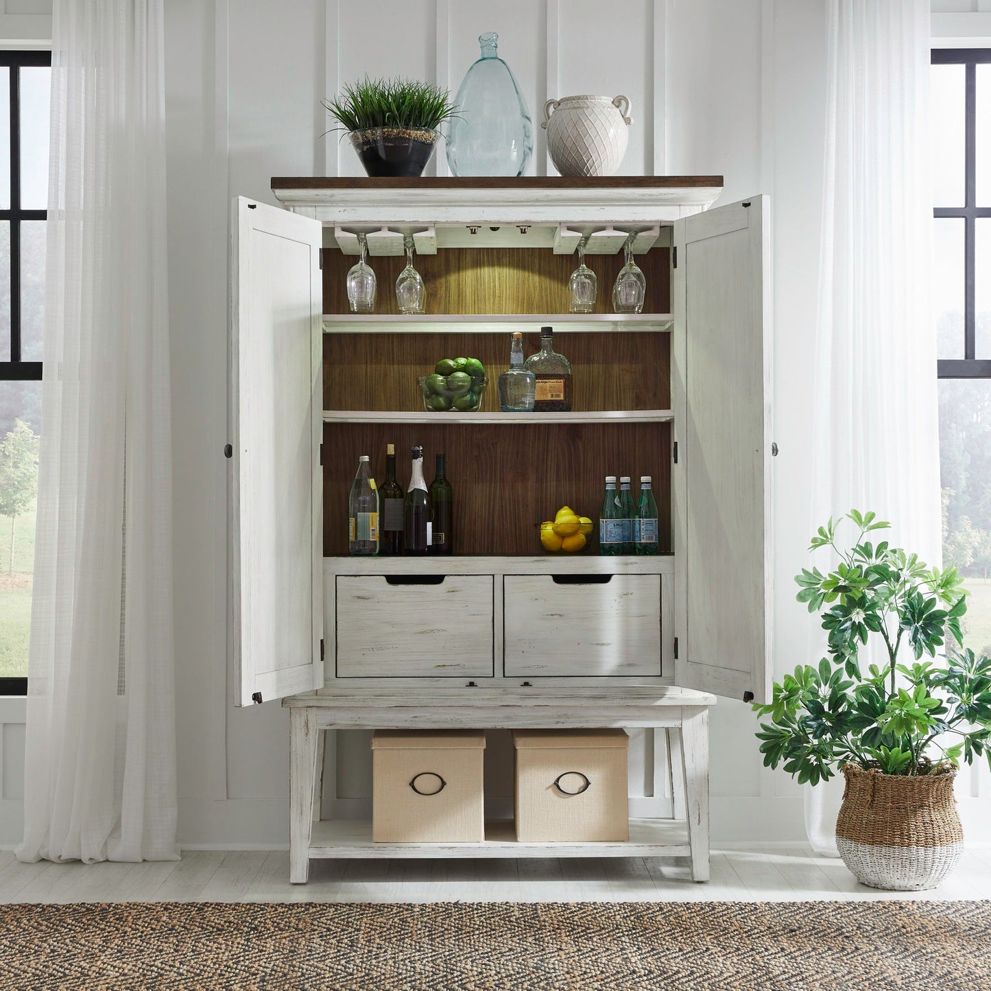 River Place - Bar Cabinet - Riverstone White & Tobacco