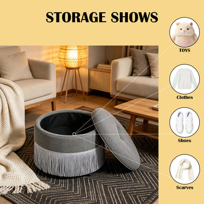 Round Storage Ottoman With Tassel, Decorative Accent Pouf For Living Room