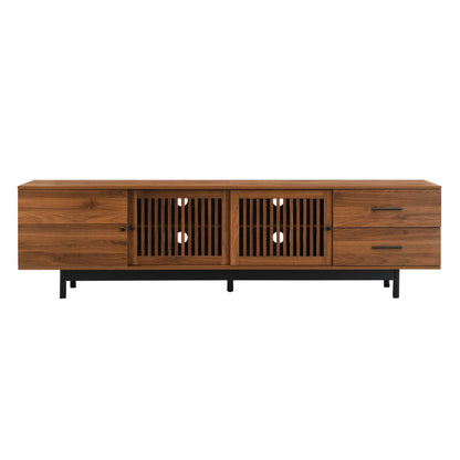 TV Stand, Media Console With 2 Drawers, Soft Closing Hinges, Adjustable Shelves, Slatted Design - Walnut