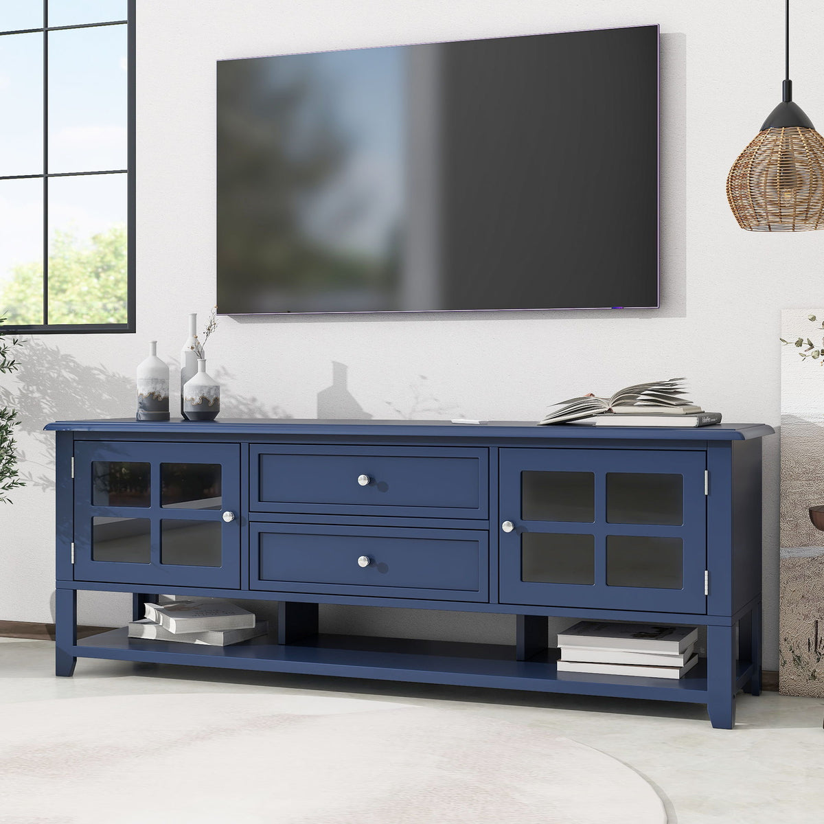 TV Stand, Entertainment Center With Dual Drawers And Hidden Storage, Cabinet With Soft Closing Doors And Sleek Panel Design