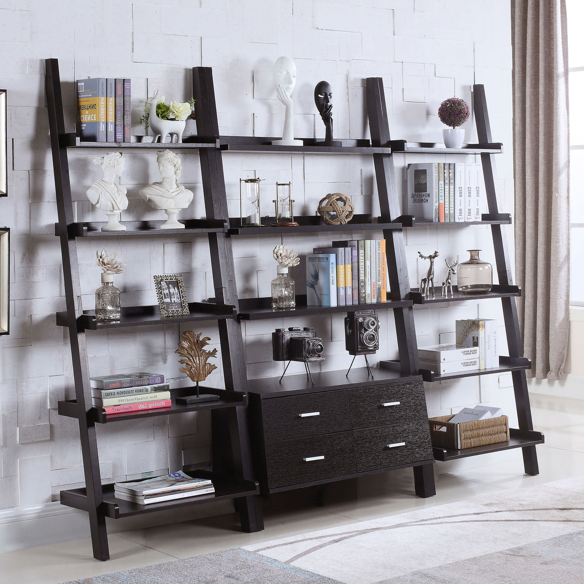Shasta - 5 Shelf Ladder Bookshelf With Drawers - Cappuccino