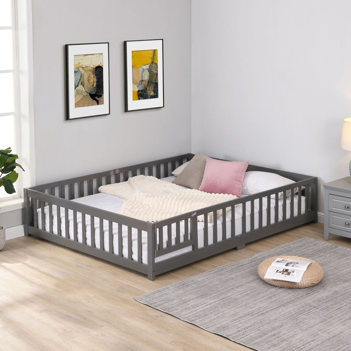 Solid Floor Bed With Door And Fence For Children