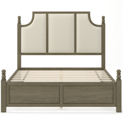 Farmhouse Platform Bed Frame With Tall Linen Upholstered Headboard