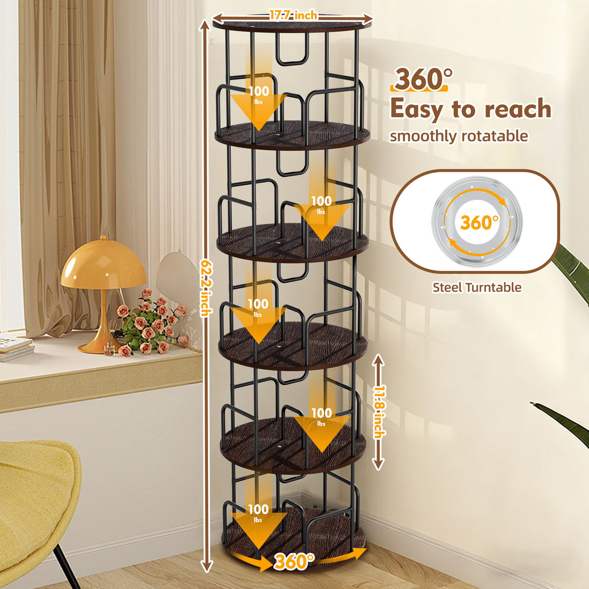Rotating Bookshelf Tower 5 Tier Spinning 360 Degree Revolving Storage Shelf