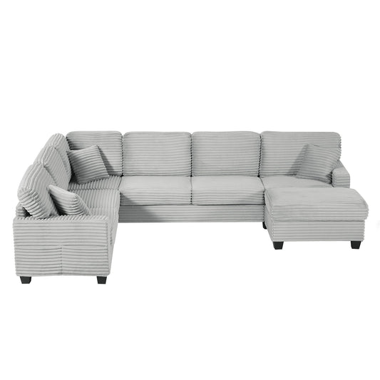 Upholstered U-Shaped Sectional Sofa With Movable Ottoman And Side Storage Pockets