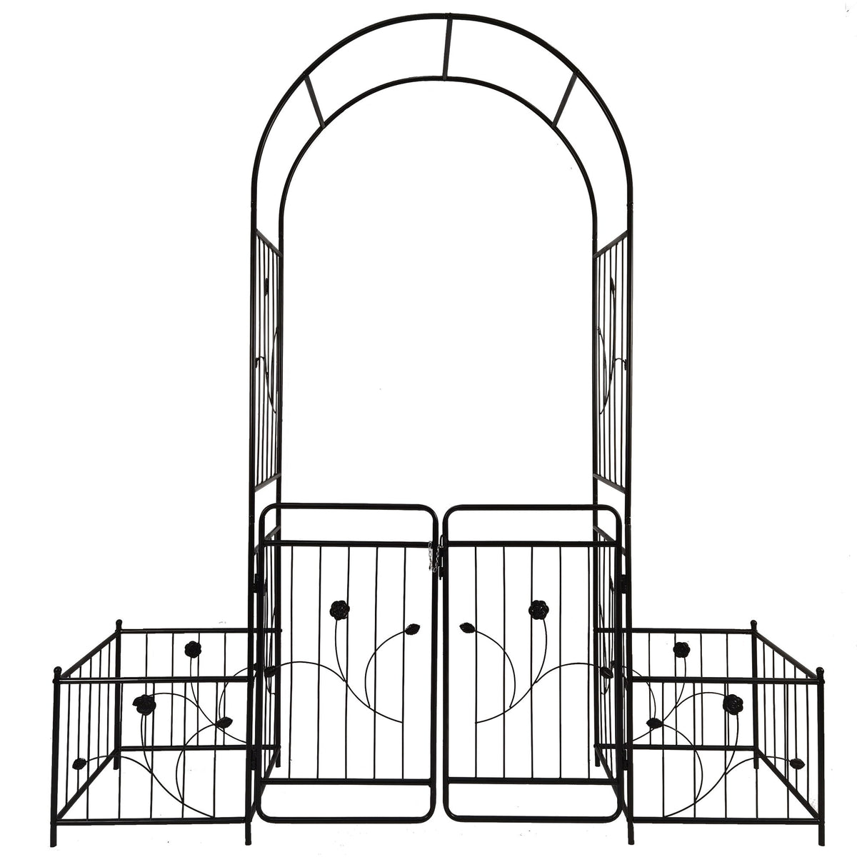 Metal Garden Arch With Gate Wide High Climbing Plants Support Rose Arch Outdoor - Black