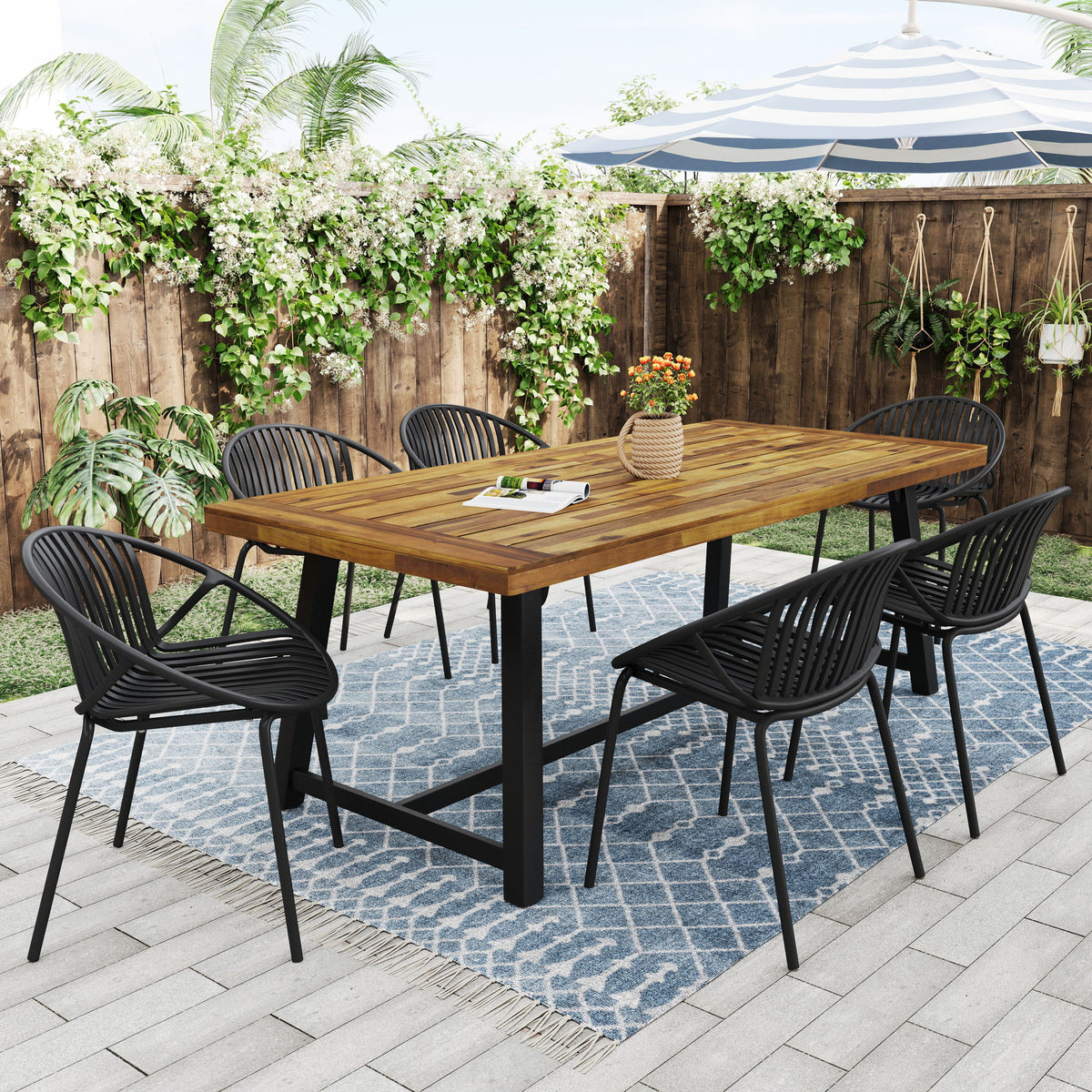 7 Piece Outdoor Modern Dining Set With Stackable Chairs