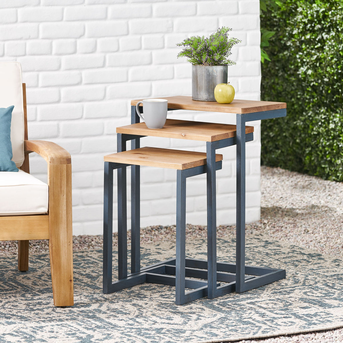 Kacha - Modern Industrial Firwood Nesting Tables (Set of 3) With Iron Frame - Antique Brown / Black