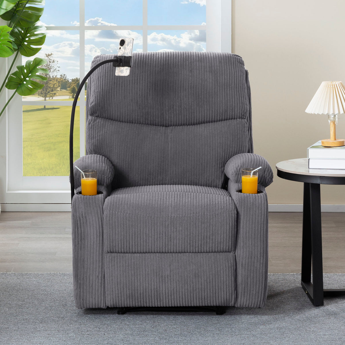Adjustable Manual Recliner, Ergonomic Lounge Chair With Phone Holder And 2 Cup Holders