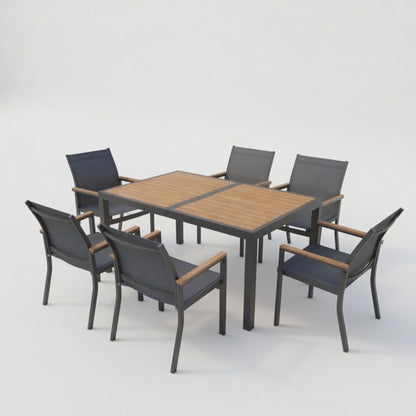 7 Piece Gray Aluminum Patio Dining Set With Textilene Chairs For Outdoor Living Frame With Accents, 59" Rectangle Table, All Weather Durable
