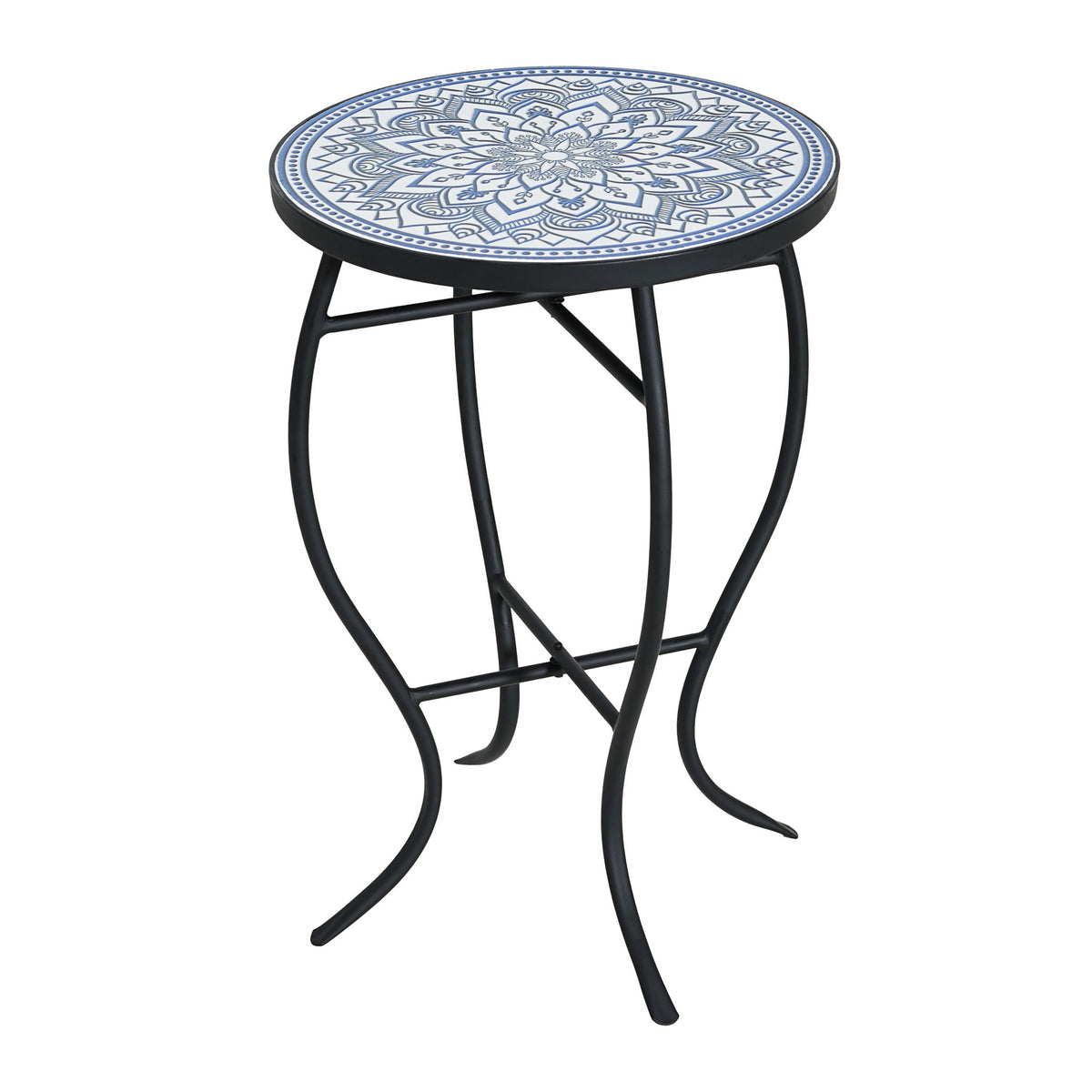Outdoor Round Side Table With Mosaic Style Top And Curved Iron Legs