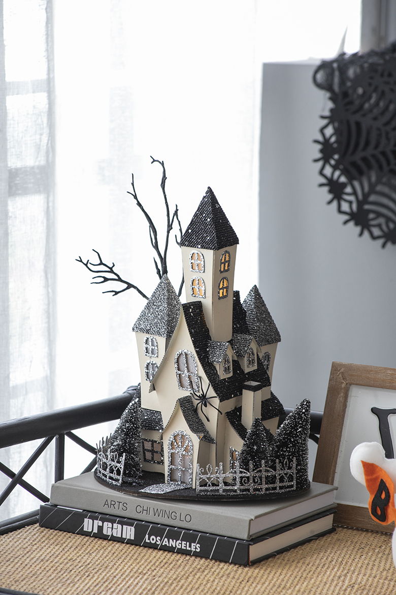 Cardboard Lighted Haunted House, Tabletop Holiday Halloween Decor, Battery Powered - Beige / Black