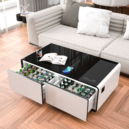Modern Smart Coffee Table With Built-In Fridge, tooth Speaker, Wireless Charging Module, Touch Control Panel, Power Socket, USB Interface, Outlet Protection, Atmosphere Light