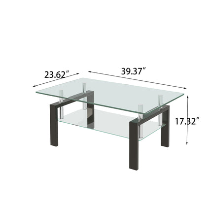 Tempered Clear Glass Coffee Table, 2-Layers Coffee Table Living Room Center Table - Black