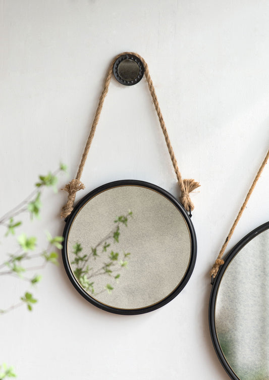 Handsome Cleveland Mirror With Rope Strap Contemporary Design Circle Mirror With Round Metal Frame For Wall Decor