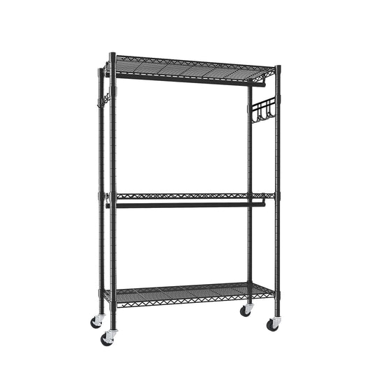 Heavy Duty Rolling Clothes Rack With 3 Tier Shelves, 2 Rails & Side Hooks, Adjustable Freestanding Organizer Metal - Black