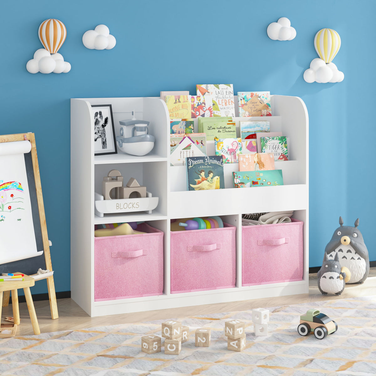 Bookcase And Bookshelf With 3 Collapsible Drawers, Multifunctional Display Stand