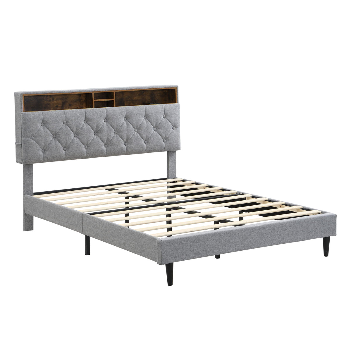 Modern Upholstered Platform Bed Frame With Button Tufted Headboard And USB Ports