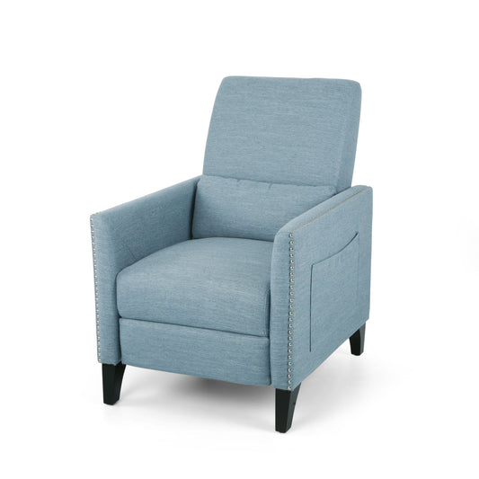 Repose Upholstered Recliner Chair With Nailhead Trim And Side Pocket - Light Blue