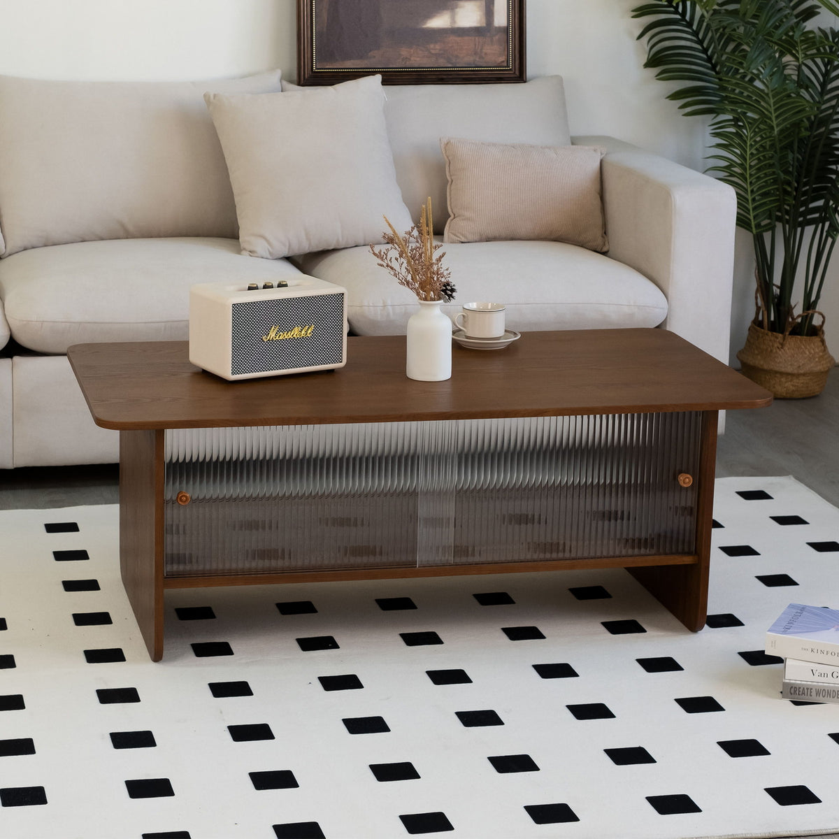 Rectangular Coffee Table With Sliding Door Storage Center