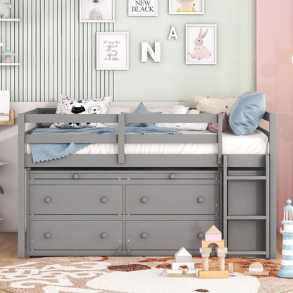 Loft Bed With Retractable Writing Desk And 4 Drawers, With Lateral Portable Desk And Shelves