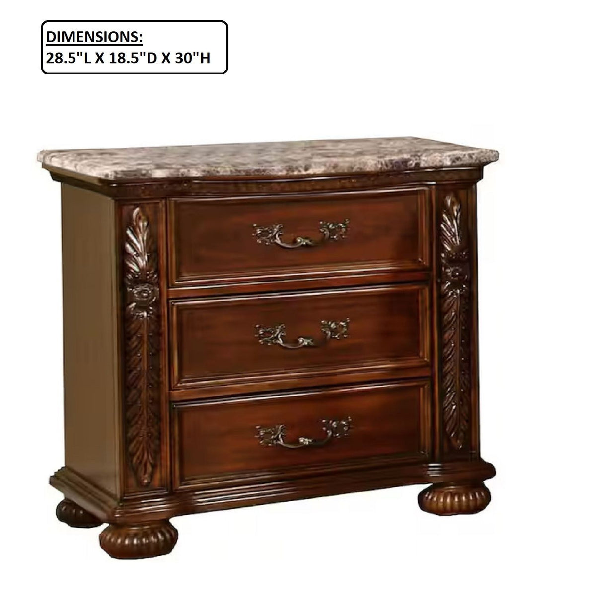 3 Drawer Nightstand, Bedside Table Hand Carved Storage For Bedroom - Cherry