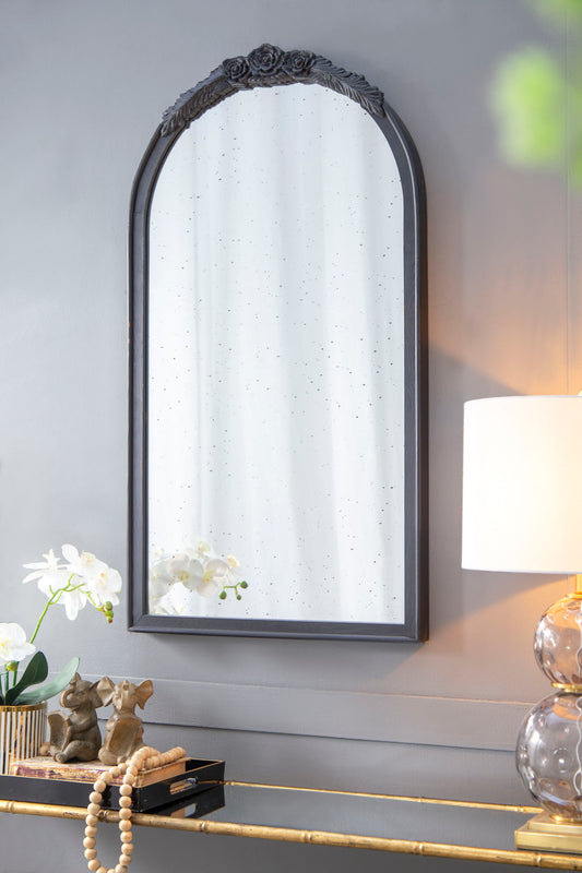 Hand Carved Rose Antique Mirror Frame, Wood Arch Mirror Wall Decor For Living Room