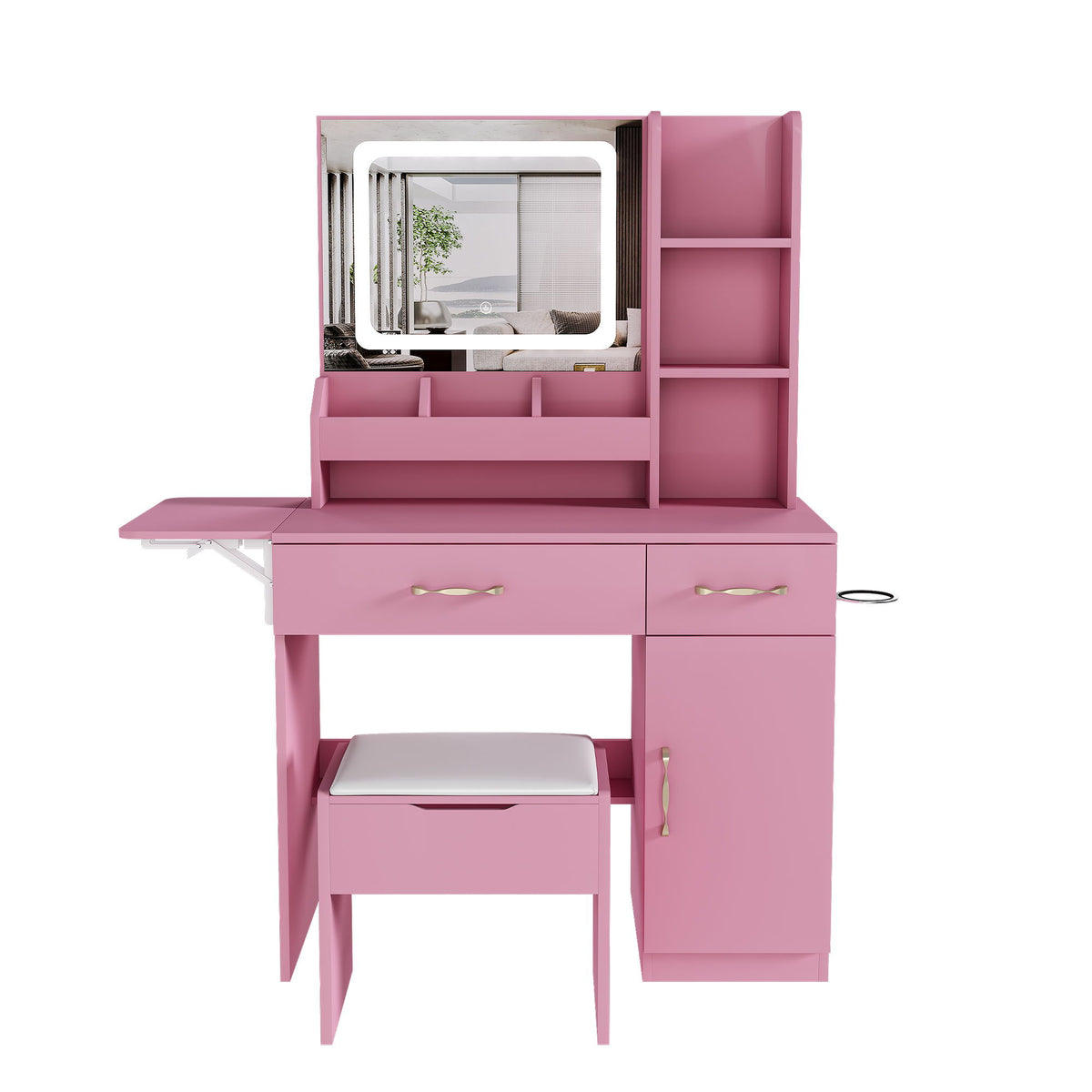 Vanity Desk With LED Mirror Lights And Power Outlet Charging Station, 3 Drawers, 7 Shelves, Storage Stool - Pink