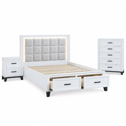 Bedroom Set, Bed With Drawers And Upholstered Headboard LED Lighting