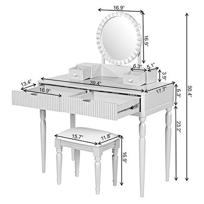 Luxury Vanity Desk With Round Mirror Height Adjustable Dressing Table Set Engineered Wood - Silver