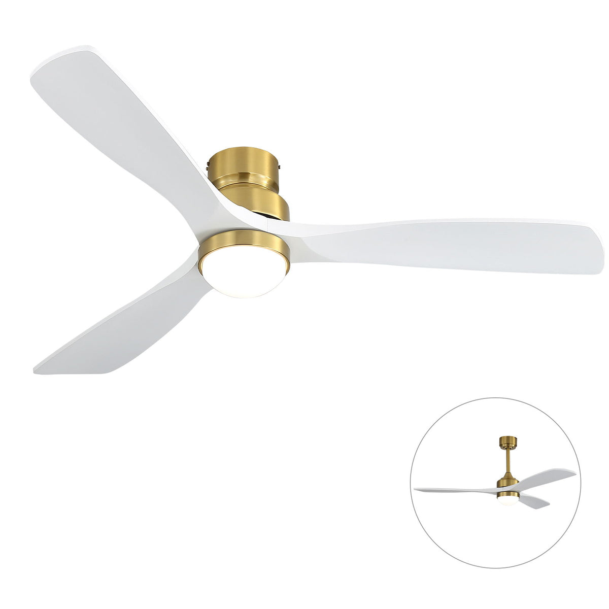 52" Ceiling Fan With Light And DC Motor, Flush Mount / Downrod, Ideal For Living Room - Gold / White