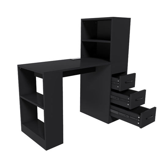 Computer Desk With 4 In 1 Socket, 3 Slide Drawers And 4 Storage Levels, For Home Office - Black