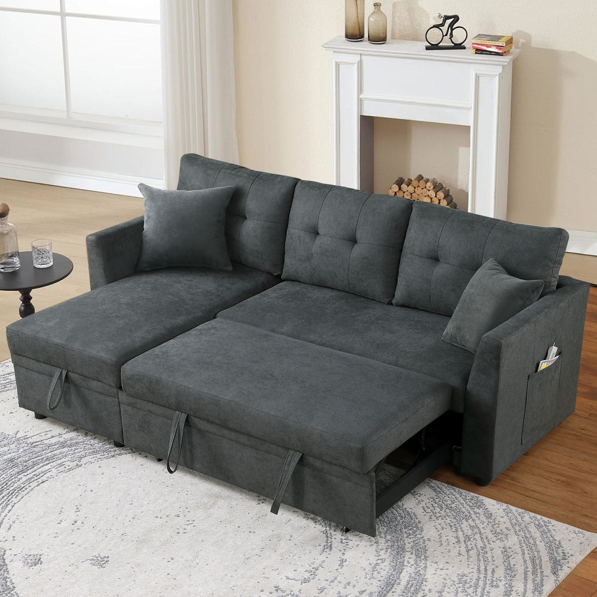Sectional Sofa Bed L Shaped Sofa Couch Bed With USB Port, Reversible Chaise With Storage