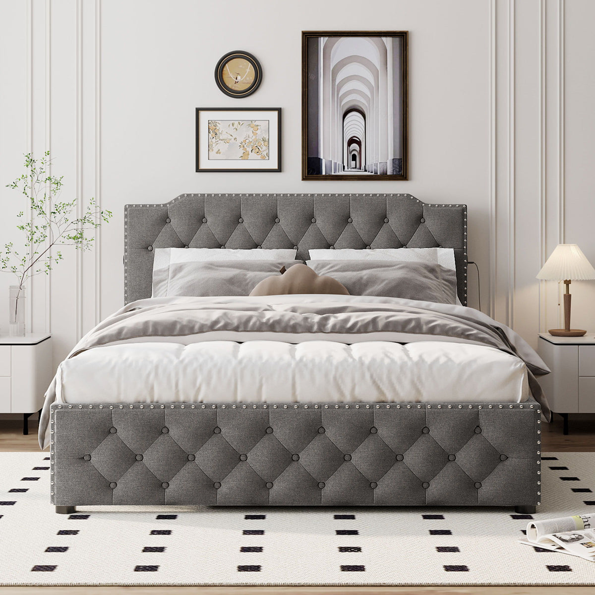 Upholstered Platform Bed With Trundle And 2 Sets Of USB Ports On Each Side, Fabric