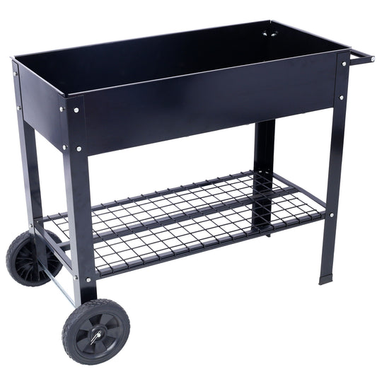 Elevated Mobile Raised Ergonomic Metal Planter Garden Bed With Wheels Powder Coated Steel - Black