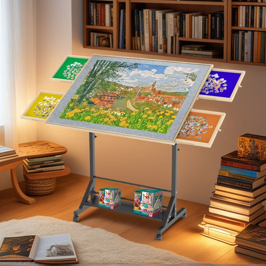 360 Degree Tilting Wooden Puzzle Table With 1500 Pieces, Rolling Design With Adjustable Height, Drawer, And Protective Cover - Black / Natural Wood