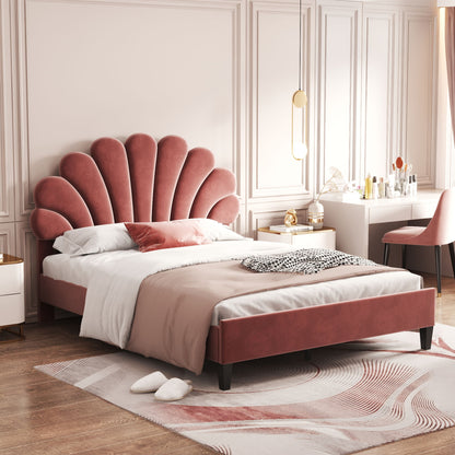 Upholstered Platform Bed With Flower Pattern Headboard