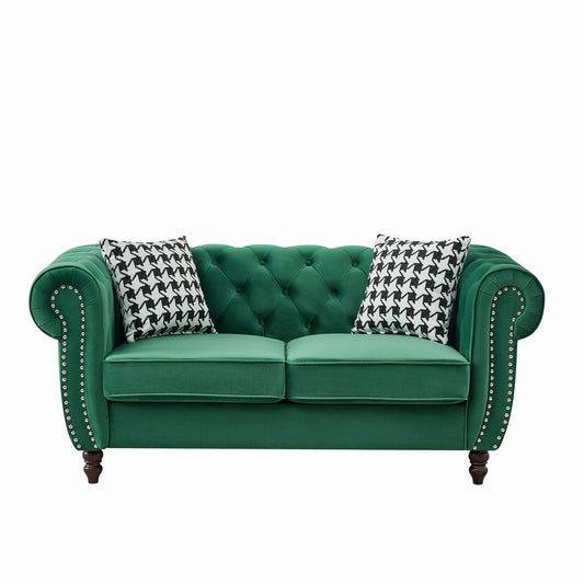Chesterfield Fabric Sofa With Roll Armrest And Nailhead, Mid Century 2 Seater Couch