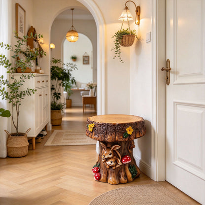 Rabbit Garden Chair, Whimsical Tree Stump Design, Indoor Outdoor Accent Chair - Brown