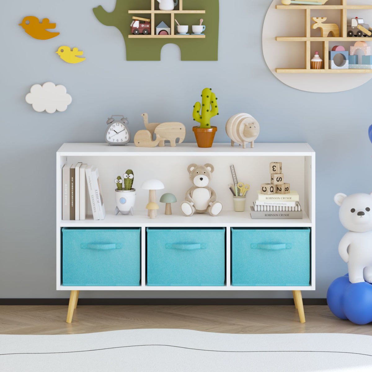 Bookcase With Collapsible Drawers, Book Display Storage Cabinet Organizer - White / Blue