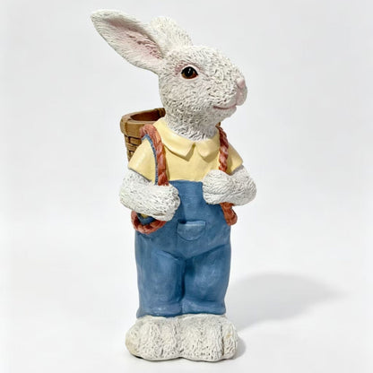 Simulated Couple Rabbit Statue Flower Pot Ornament, Resin Garden Sculpture Decor - Blue / White