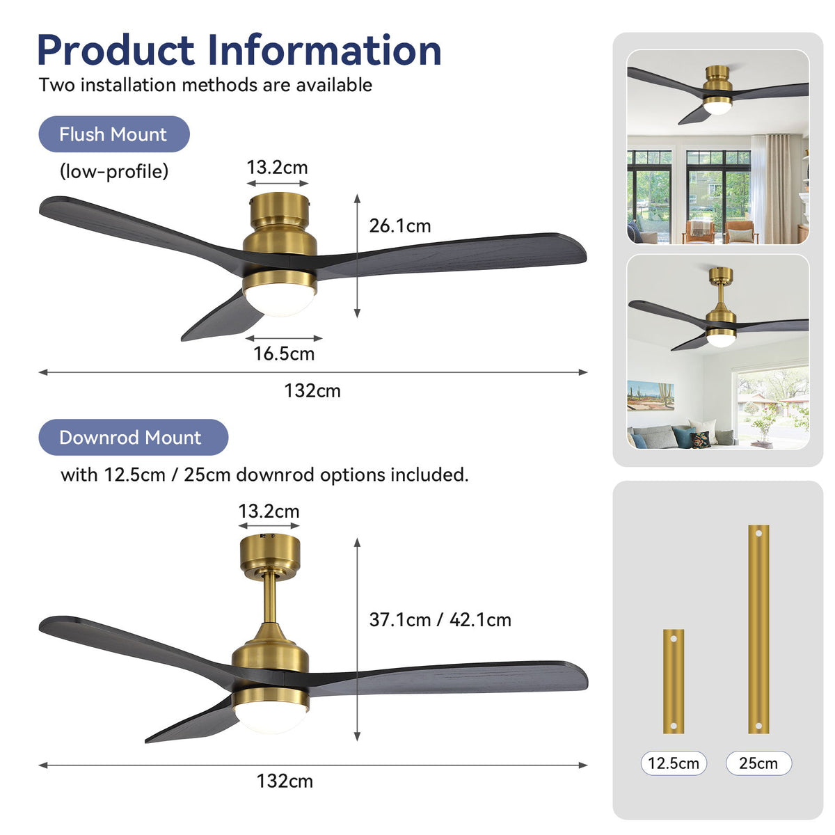 52" Ceiling Fan With Dimmable LED Light, 6 Speed DC Motor, 3 Blades