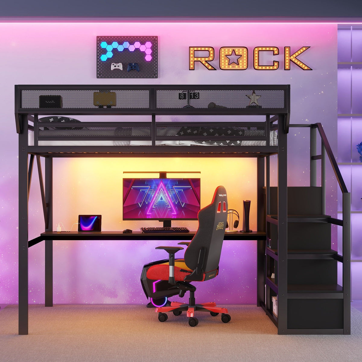 Loft Bed With Desk And Charging Station With Stairs And Light