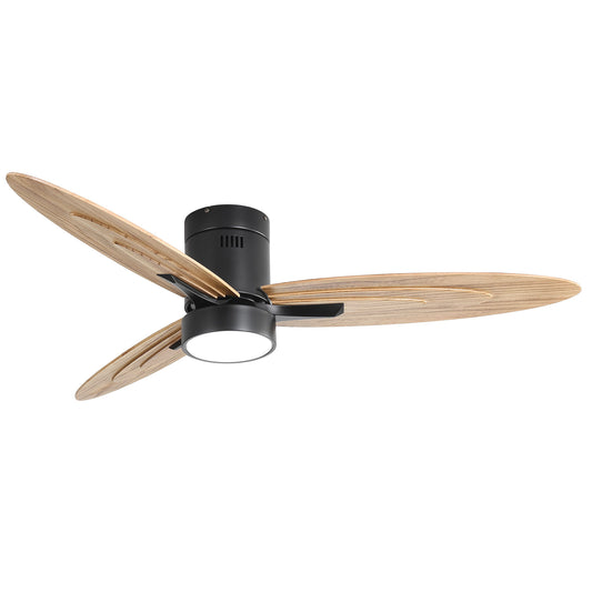 Flush Mount Ceiling Fan With Light And Remote Control, 3 Blades, Reversible DC Motor - Black