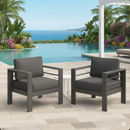 Modern All-Weather Patio Armchairs With Thick Cushions (Set of 2)