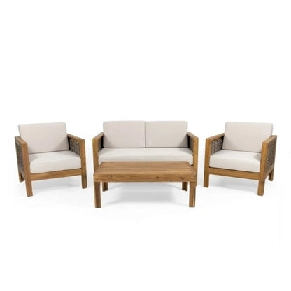 Outdoor 4 Seater Acacia Wood Chat Set With Wicker Accents And Cushions - Teak / Mixed Brown / Beige