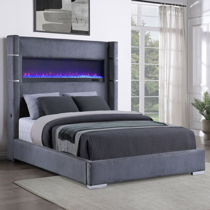 Haven - Upholstered Queen Bed With Integrated Flame Box - Gray