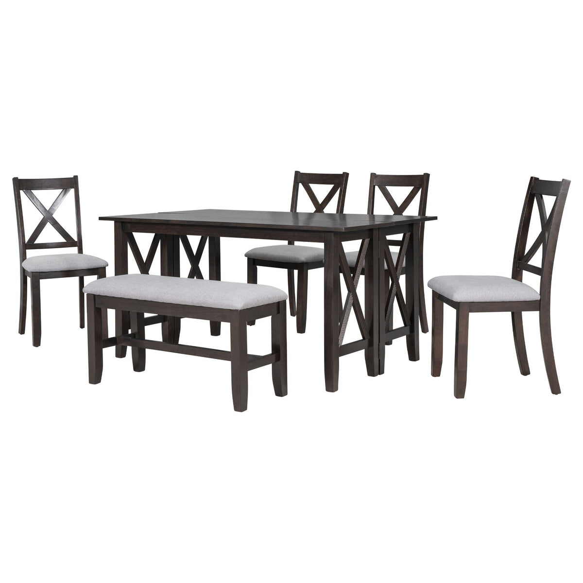 6 Piece Family Dining Room Set, Space Saving Foldable Table And 4 Chairs With Bench