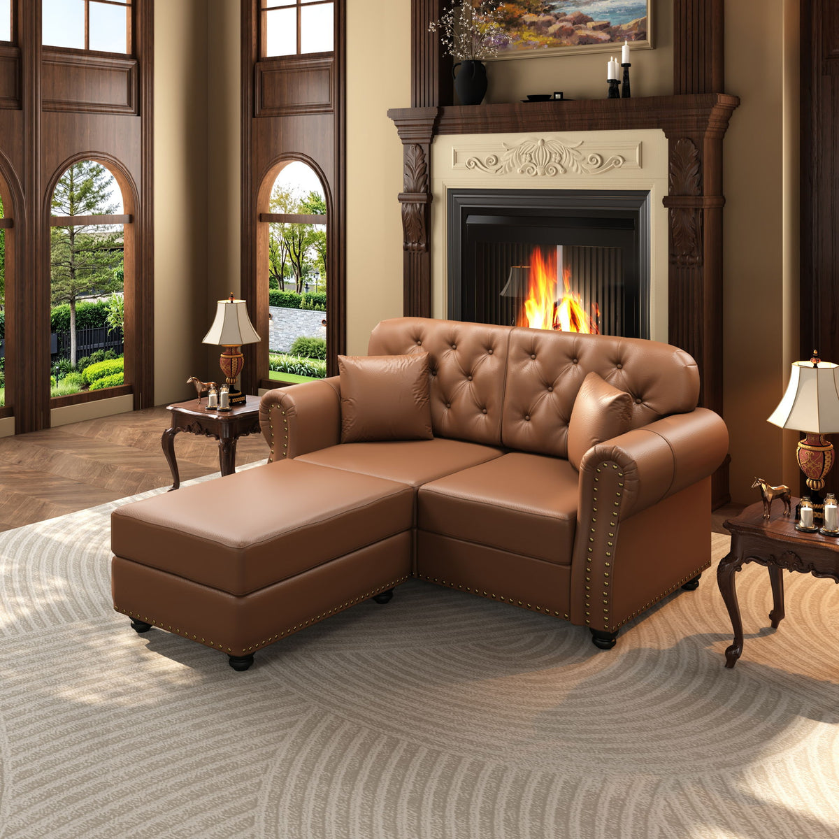 Upholstered Sofa With Nailhead Trim, Rolled Armrests With Ottoman