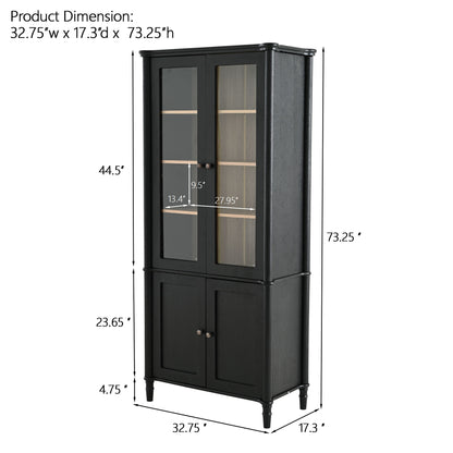 Vintage Display Cabinet With Double Glass Doors, Traditional Style For Collectibles, Ash Wood Veneer, 73.25" Tall - Black / Natural